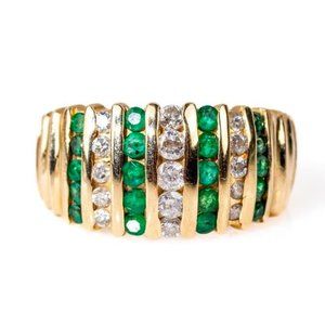 Diamonds & Emeralds Channel Set in a 14K Yellow Gold Domed Ring 5.28 Gr. Sz 7